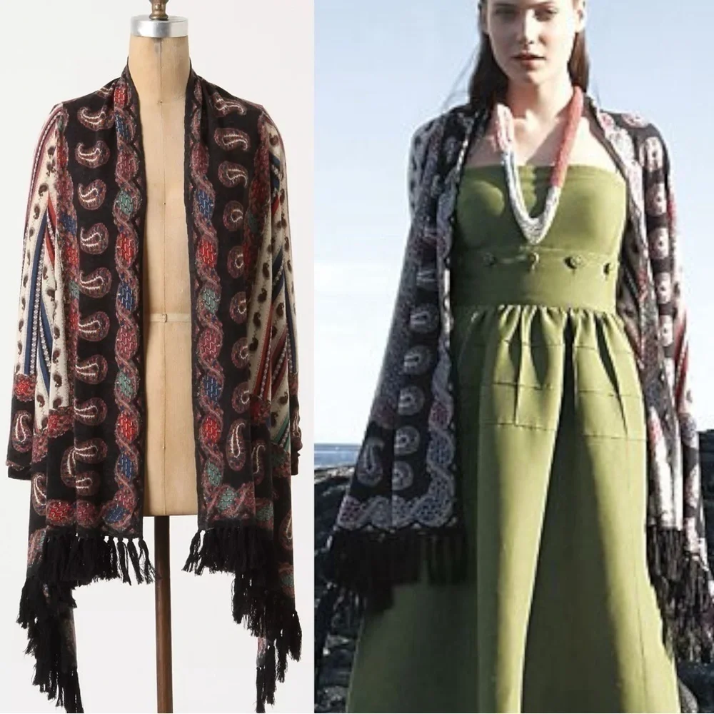 Anthropologie Guinevere Merino Wool Cardigan Sweater Bohemian Gypsy Fringe Small - Picture 3 of 16